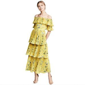 O.P.T. Aqua Yellow Floral Pleated Tiered Dress